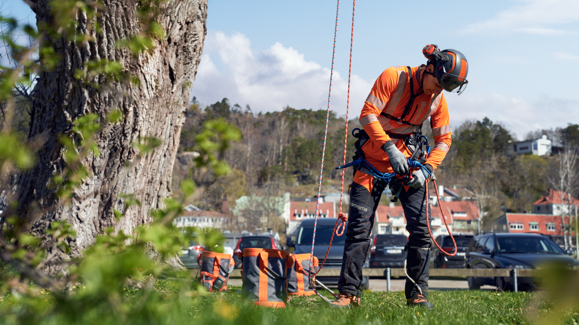 arborist putting PPE gear on